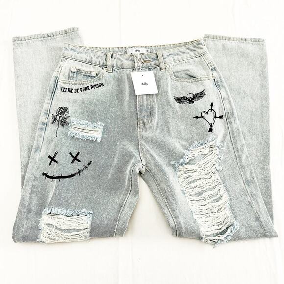 Adika Light Wash Tatto Ripped Graphic Denim Jean Zip Fly Straight Leg Size M NWT - Picture 4 of 10